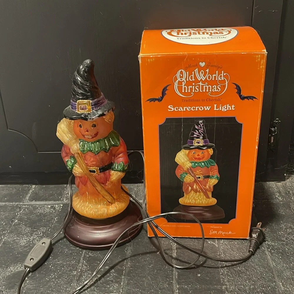 Vintage Old World Christmas Halloween Scarecrow Light - Merck Family w witch hat